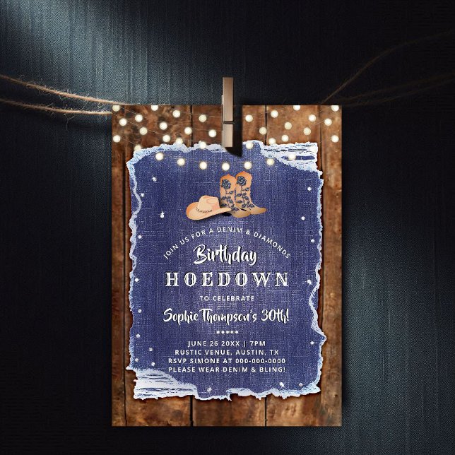 Denim Diamonds Party Cowgirl Chic Rustic Birthday Invitation (denim and diamonds party invitation rustic wood blue white cowgirl boots hat lights birthday hoedown)