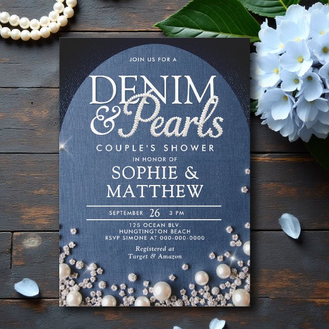 Denim Diamonds Pearls Arch Coed Chic Couple Shower Invitation (denim and pearls couple shower invitation bridal wedding diamonds blue white arch elegant classy coe)