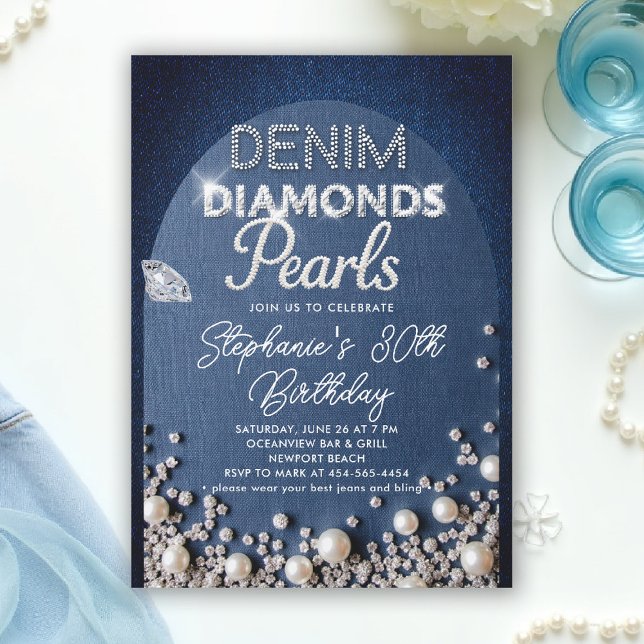 Denim Diamonds Pearls Arch Type Classy Birthday Invitation (denim diamonds and pearls birthday party invitation modern classy elegant minimalist blue white diy )