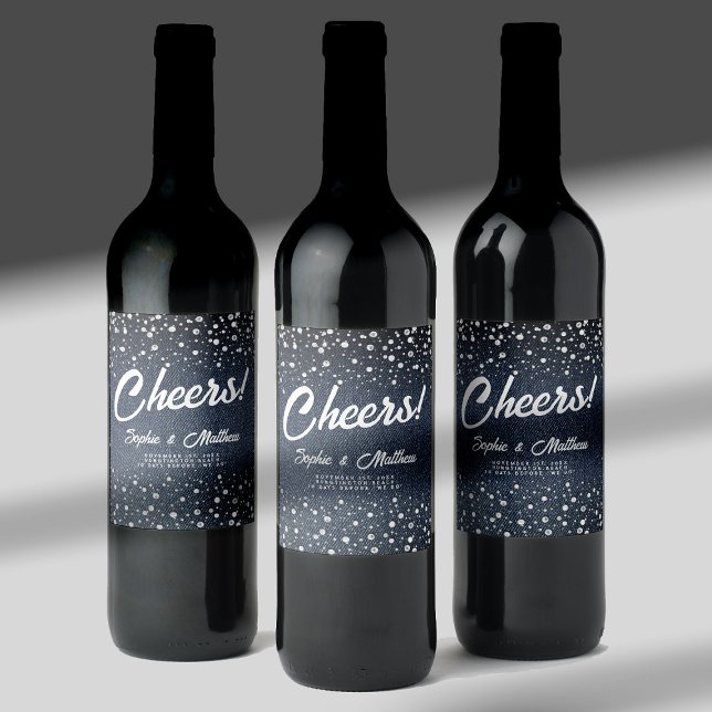 Denim Diamonds Pearls Blue Couple Wedding Shower Wine Label (denim pearls couple wedding shower personalized wine label blue jeans white coed his hers jack jill )