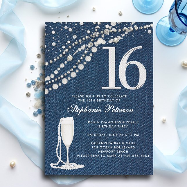 Denim Diamonds Pearls Champagne  ElegantSweet 16 Invitation (sweet 16 sixteen invitation denim diamonds pearls blue white champagne bling elegant classy photo)