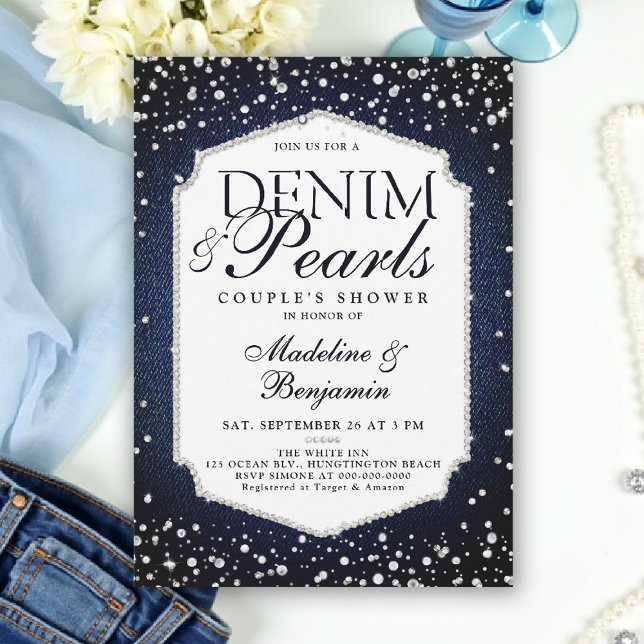 Denim Diamonds Pearls Elegant Frame Wedding Shower Invitation (denim and pearls couple wedding shower invitation coed jack jill blue white elegant classy frame)