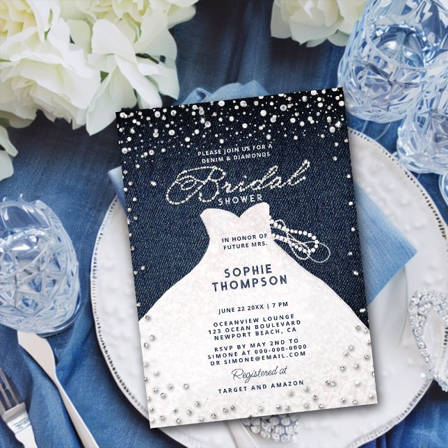 Denim Diamonds Pearls Glitter Dress Bridal Shower Invitation (Creator Uploaded)