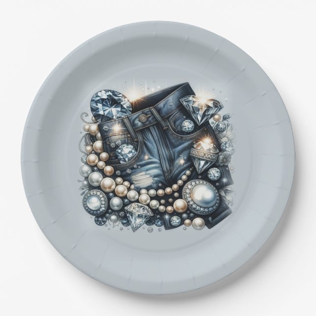 Denim Diamonds & Pearls Jeans Bling Birthday Party Paper Plate (Front)