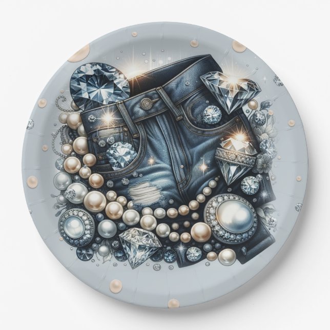 Denim Diamonds & Pearls Jeans Bling Birthday Party Paper Plate (Front)