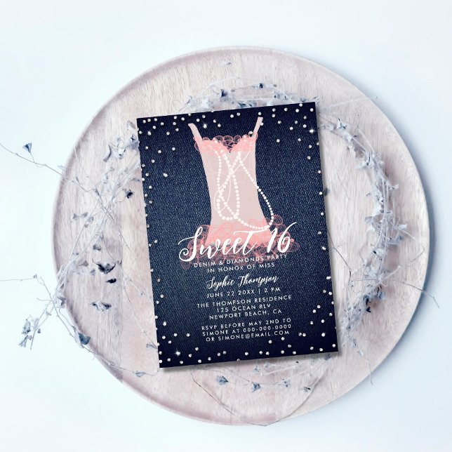 Denim Diamonds Pearls Pink Tutu Sweet 16 Party Invitation (Creator Uploaded)