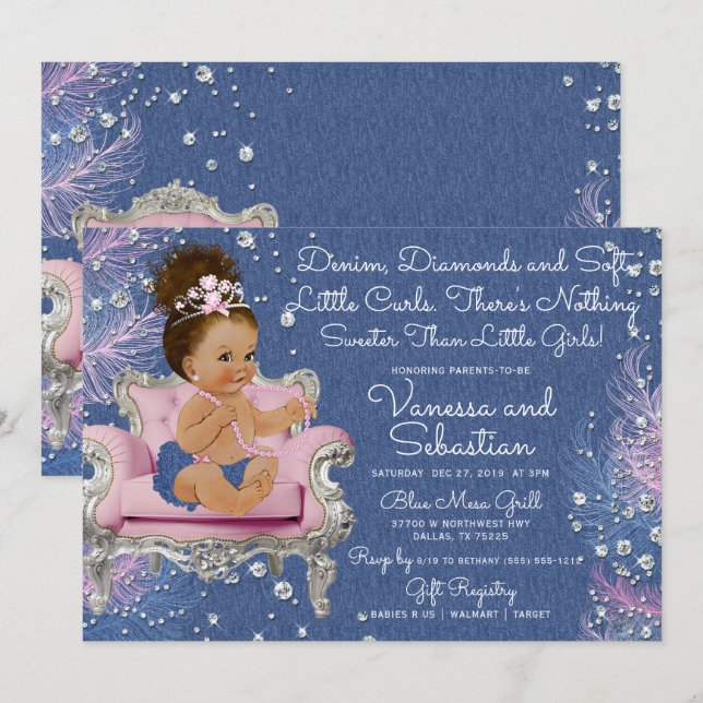 Denim & Diamonds Princess Pink and Silver Invitation (Front/Back)