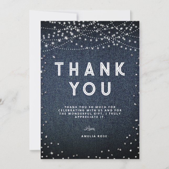 Denim Diamonds Rustic Lights Elegant Blue Jeans Thank You Card (Front)