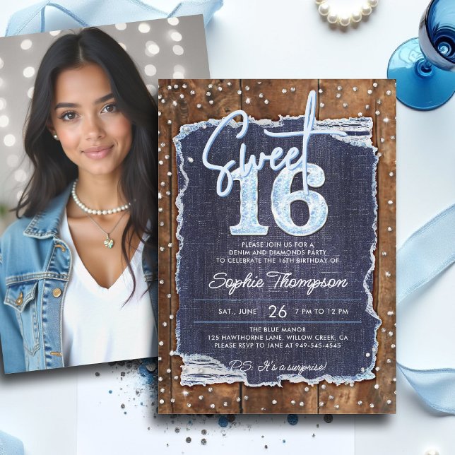 Denim Diamonds Rustic Wood Elegant Photo Sweet 16 Invitation (sweet 16 sixteen invitation denim diamonds blue white rustic wood bling elegant classy photo)