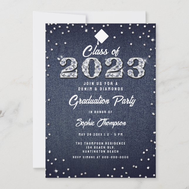 Denim Diamonds Script Indigo 2023 Graduation Party Invitation (Front)