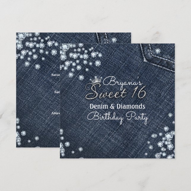 Denim & Diamonds Sweet 16 Invitations de la Couron (Devant / Derrière)