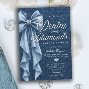 Denim Diamonds White Blue Bow Glam Bridal Shower Invitation