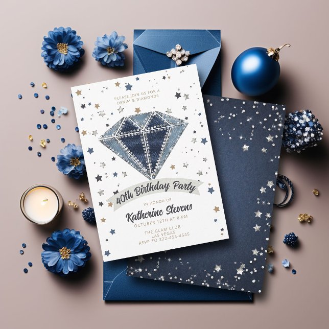 Denim Diamonds White Blue Glitter 40th Birthday Invitation (denim diamonds 40th birthday party invitation women white blue jeans rhinestones glitter star classy)