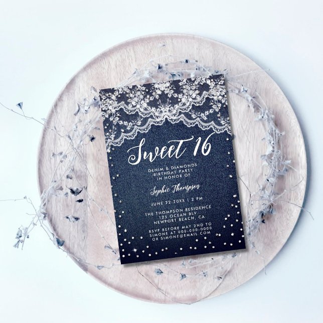 Denim Diamonds White Lace Sweet 16 Birthday Party Invitation (Creator Uploaded)
