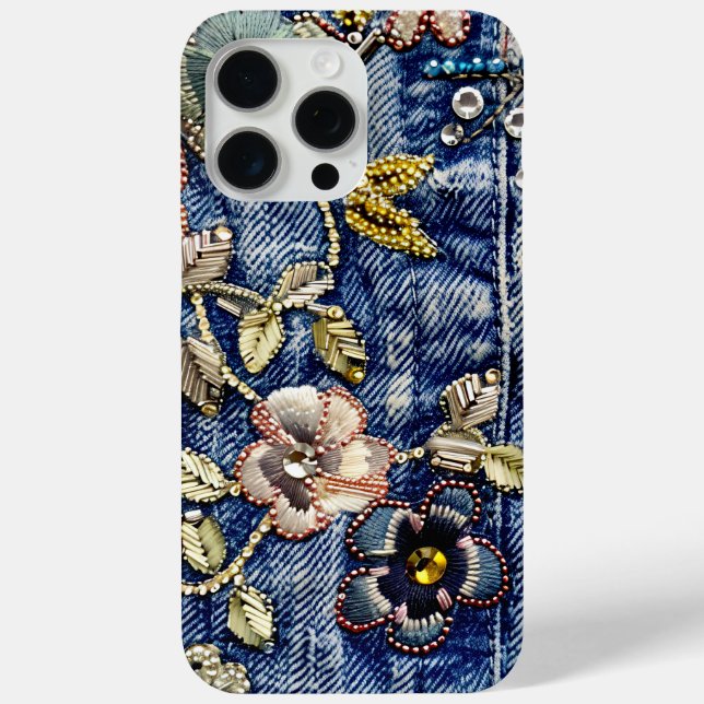 Denim Dreamland Flourish: Rhinestone-Enhanced Blue Case-Mate iPhone Case (Back)