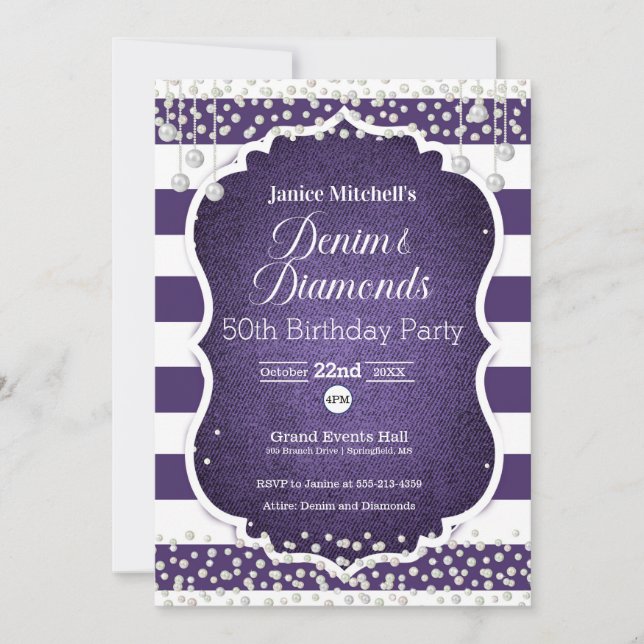 Denim et diamants pourpres Invitation d'anniversai (Devant)