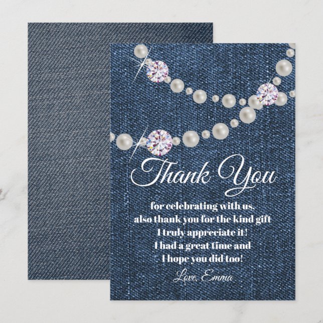 denim et perle de diamant, carte de remerciements (Devant / Derrière)