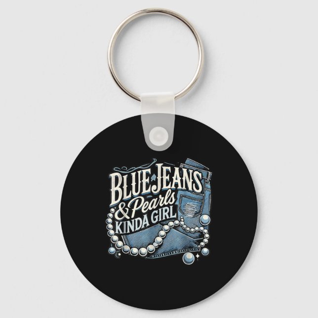 Denim Fabric Blue Jeans Pearls Skinny Jeans Lover  Keychain (Front)