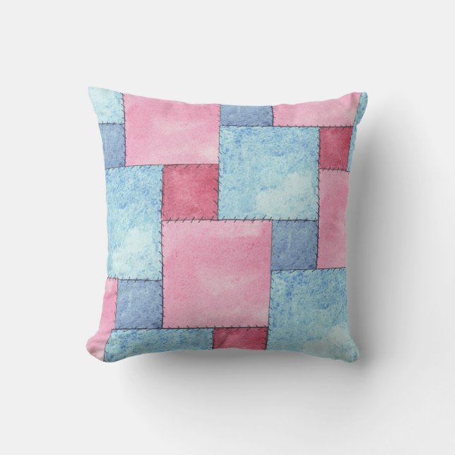 Denim Faux Patchwork, Pinks, Blues Throw Pillow (Front)