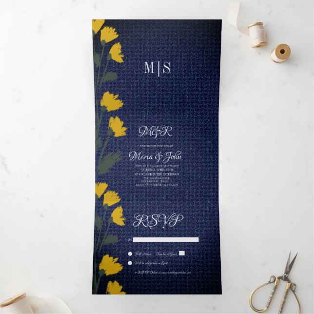 Denim & Fleurs sauvages Mariage Invitation Tri-Fol (Intérieur)