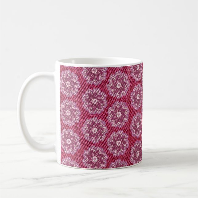 Denim & flower cherry red faded patterned mug (Left)