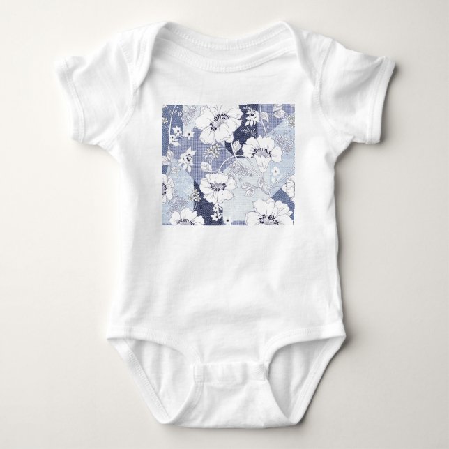 Denim flower patchwork, seamless pattern. baby bodysuit (Front)