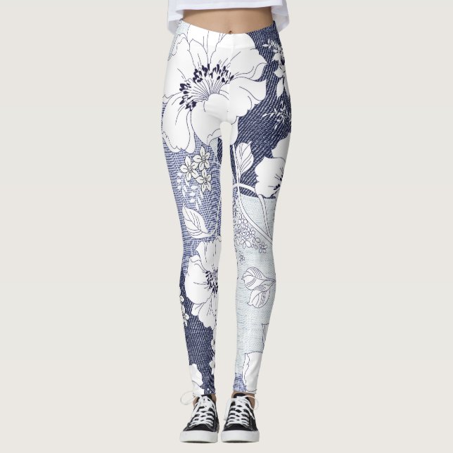 Denim flower patchwork, seamless pattern. leggings (Front)