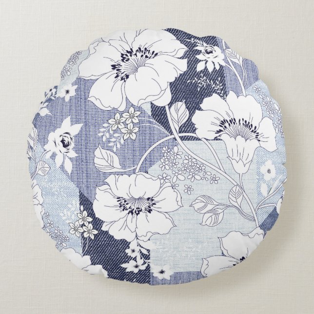 Denim flower patchwork, seamless pattern. round pillow (Front)