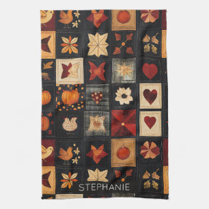 Denim Folk Art Quilt Pattern   Rustic Autumn Patch Kitchen Towel