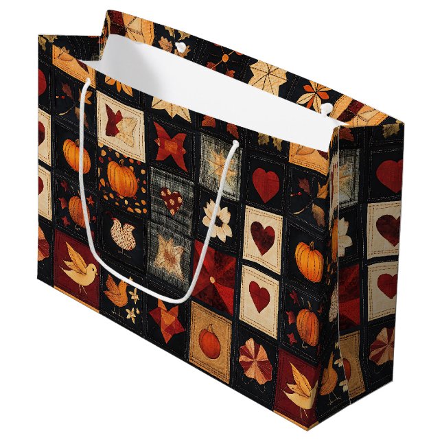 Denim Folk Art Quilt Pattern | Rustic Autumn Patch Large Gift Bag (Front Angled)