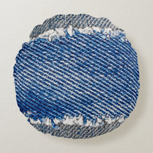 Denim frame. Ripped denim fabric with fringe edge  Round Pillow