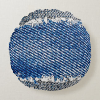 Denim frame. Ripped denim fabric with fringe edge Round Pillow