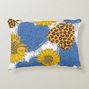 Denim Hearts Leopard Sunflowers Pattern Accent Pillow