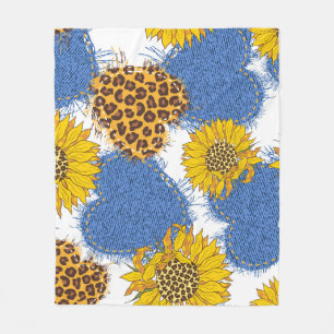 Denim Hearts Leopard Sunflowers Pattern Fleece Blanket