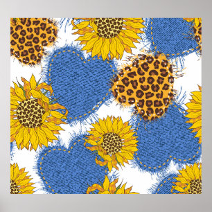 Denim Hearts Leopard Sunflowers Pattern Poster