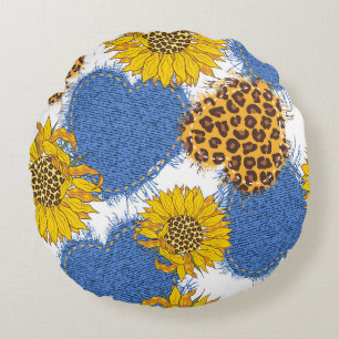 Denim hearts made of fabric with torn edges and le round pillow