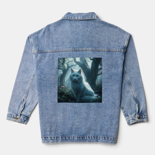 Denim Jacket white cat on back (Back)
