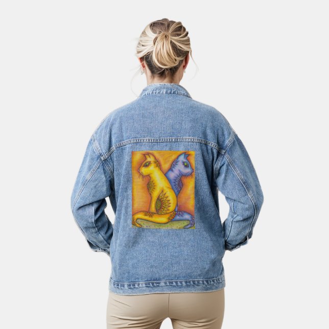 Denim Jacket With Floral Cats Pencil Art (Modèle)