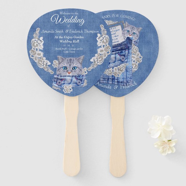 Denim Jean pockets,Kittens and Lace Hand Fan (Front and Back)