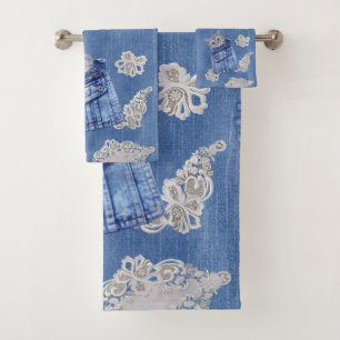 Denim Jean pockets,Kittens and Lace Repeat Pattern Bath Towel Set