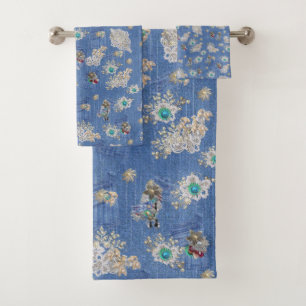 Denim Jean pockets,Kittens and Lace Repeat Pattern Bath Towel Set