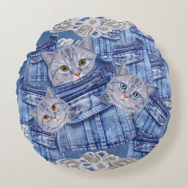 Denim Jean pockets,Kittens and Lace Round Pillow (Front)