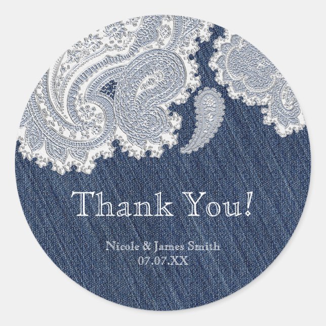 Denim Jean & White Lace Elegant Bridal Wedding Classic Round Sticker (Front)