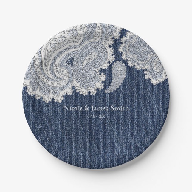 Denim Jean & White Lace Elegant Bridal Wedding Paper Plate (Front)