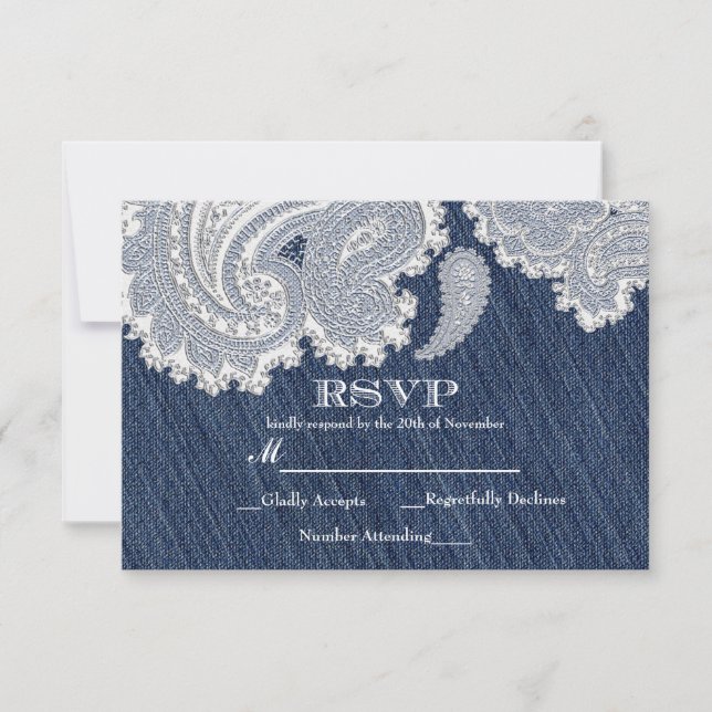 Denim Jean & White Lace Elégante carte de mariage  (Devant)