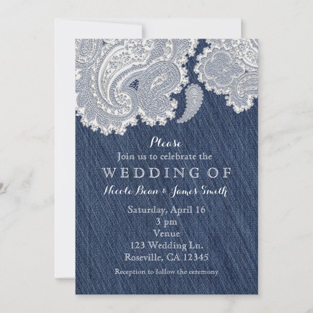 Denim Jean & White Lace Wedding Invitations (Devant)