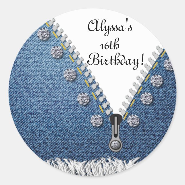 Denim Jeans Frayed & Diamonds Round Sticker Label (Front)