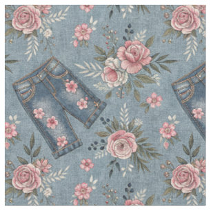 Denim Jeans & Pink Flowers - Floral Design Pattern Fabric