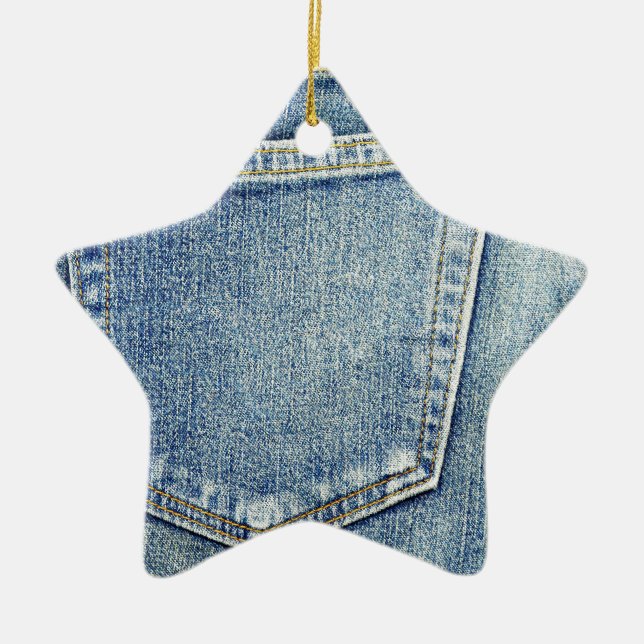 Denim Jeans Pocket Blue Fabric style fashion rich Ceramic Ornament (Front)