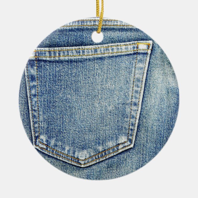 Denim Jeans Pocket Blue Fabric style fashion rich Ceramic Ornament (Front)